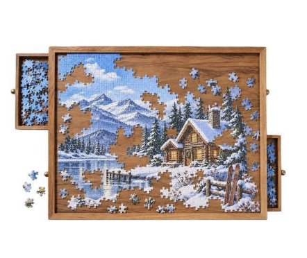 Wooden puzzle board for organizing puzzle pieces and enjoying puzzles together at home.