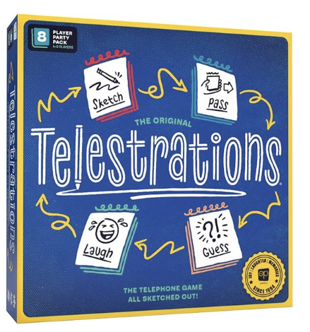 Telestrations eight-player board game for family gatherings filled with drawing, guessing, and laughter.