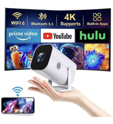 Mini projector with Wi-Fi, Bluetooth, and built-in apps for streaming movies and family entertainment at home
