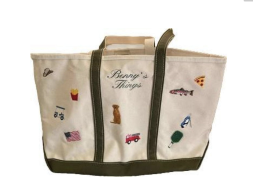 Custom embroidered tote bag with personalized icon and initials, a thoughtful holiday gift for grandparents.