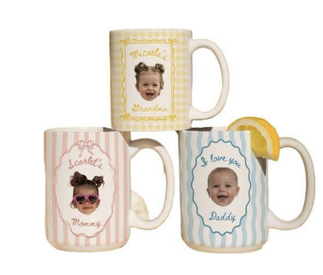 Personalized coffee mugs featuring grandchildren's faces, a fun gift for grandparents.