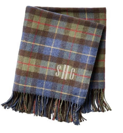 Monogrammable plaid throw blanket, a cozy personalized holiday gift for grandparents.