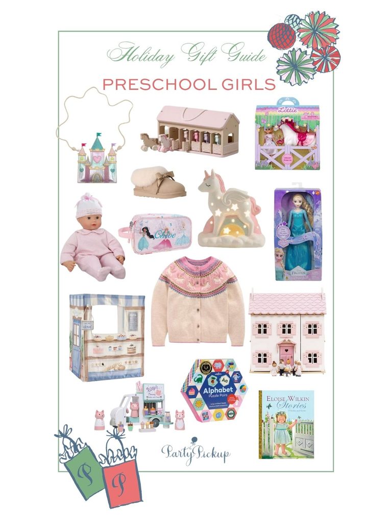 2026 Christmas gift guide for girls ages 3 to 5 featuring classic dolls, a pink and white wooden dollhouse, unicorn toys, Disney gifts, pretty accessories, Little Golden Books, and imaginative playsets.