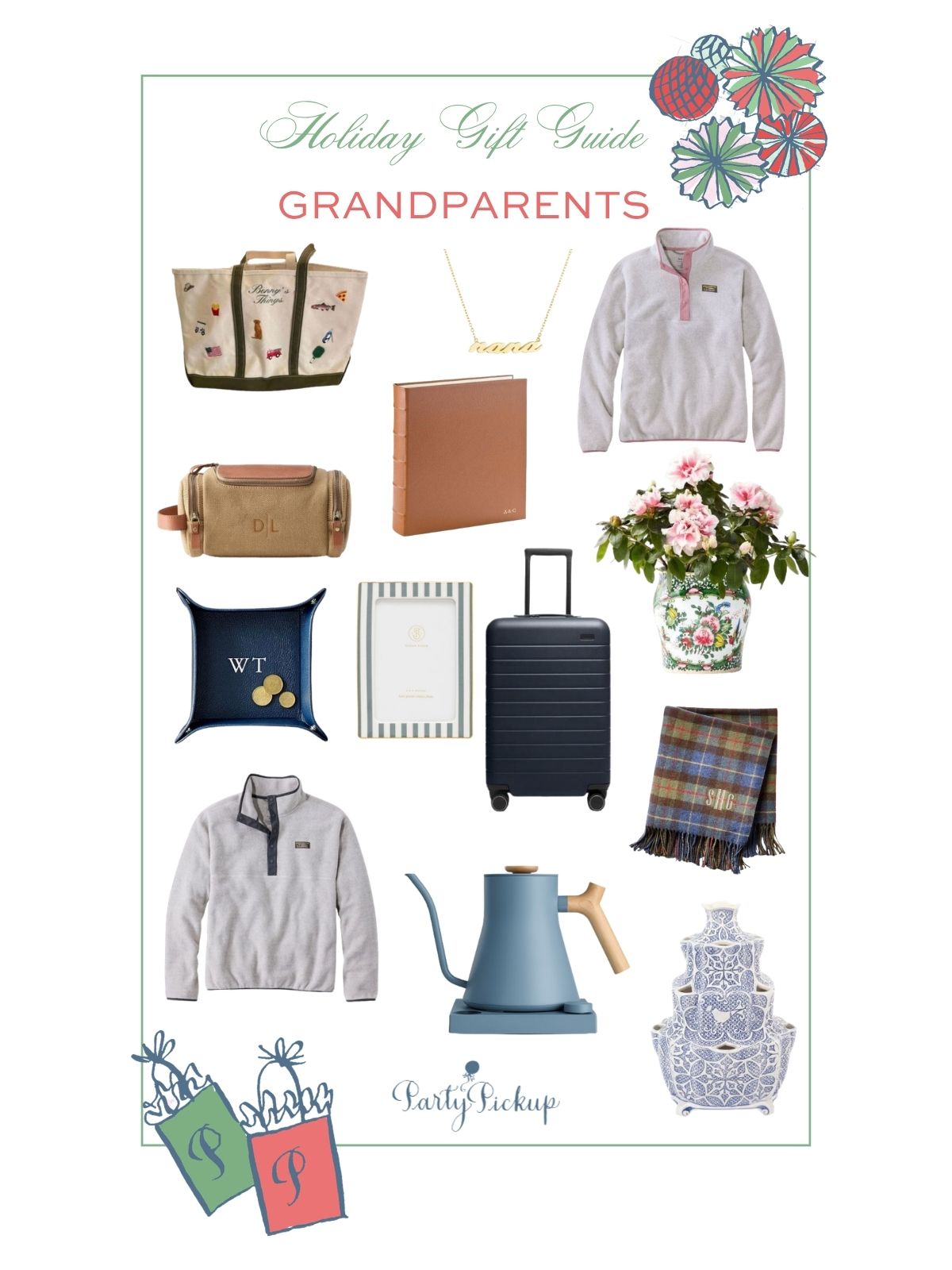 Holiday gift guide for grandparents 2026 featuring personalized gifts, Away luggage, L.L.Bean fleece pullovers, home decor, travel accessories, and thoughtful gifts for Nana and Grandad.