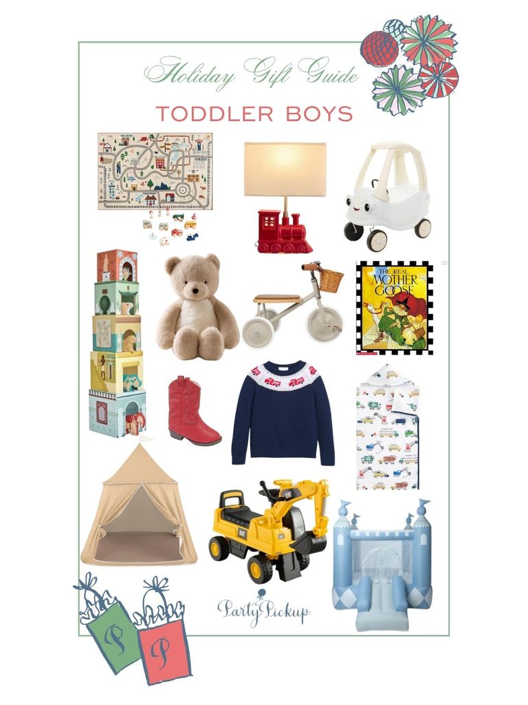 Holiday gift guide for toddler boys 2026 featuring classic toys, a teddy bear, nursery rhyme book, ride-on toys, and Christmas clothing.