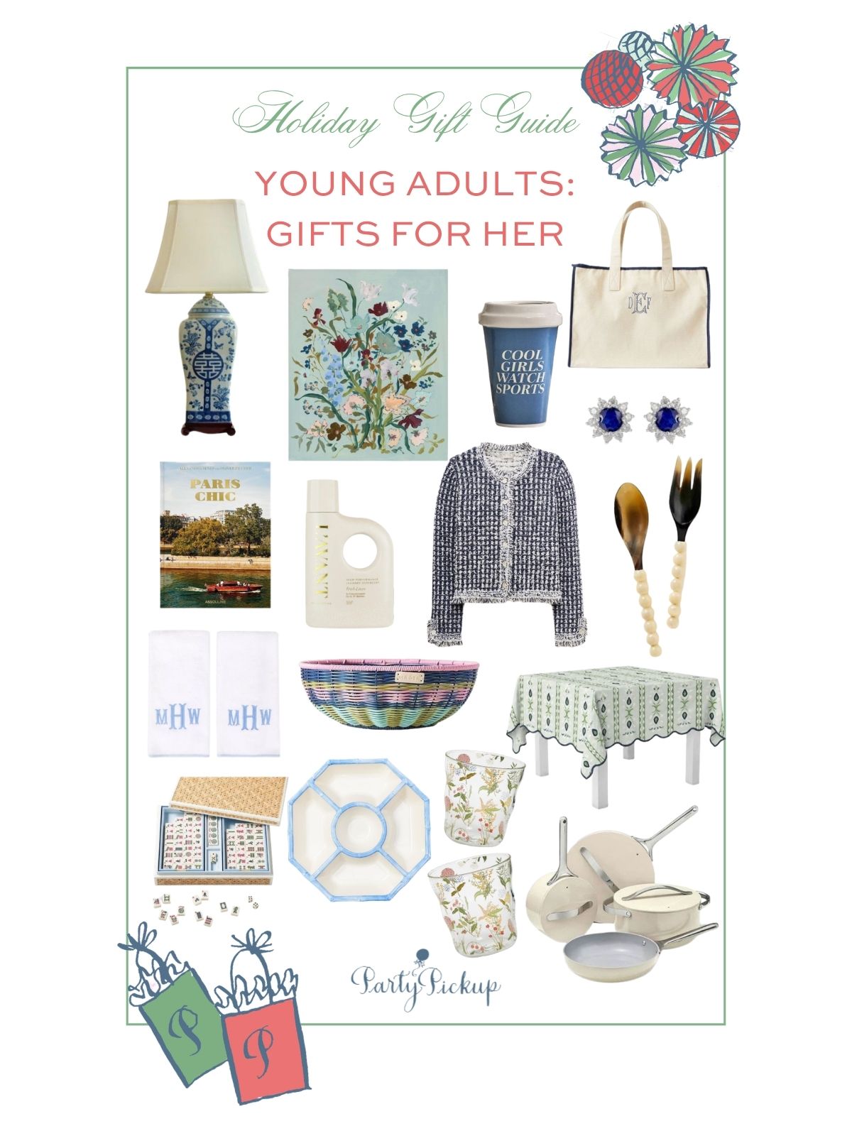 Gift guide for young adult women featuring stylish clothing, beautiful home decor, mahjong accessories, entertaining essentials, and practical gifts for women starting out on their own.