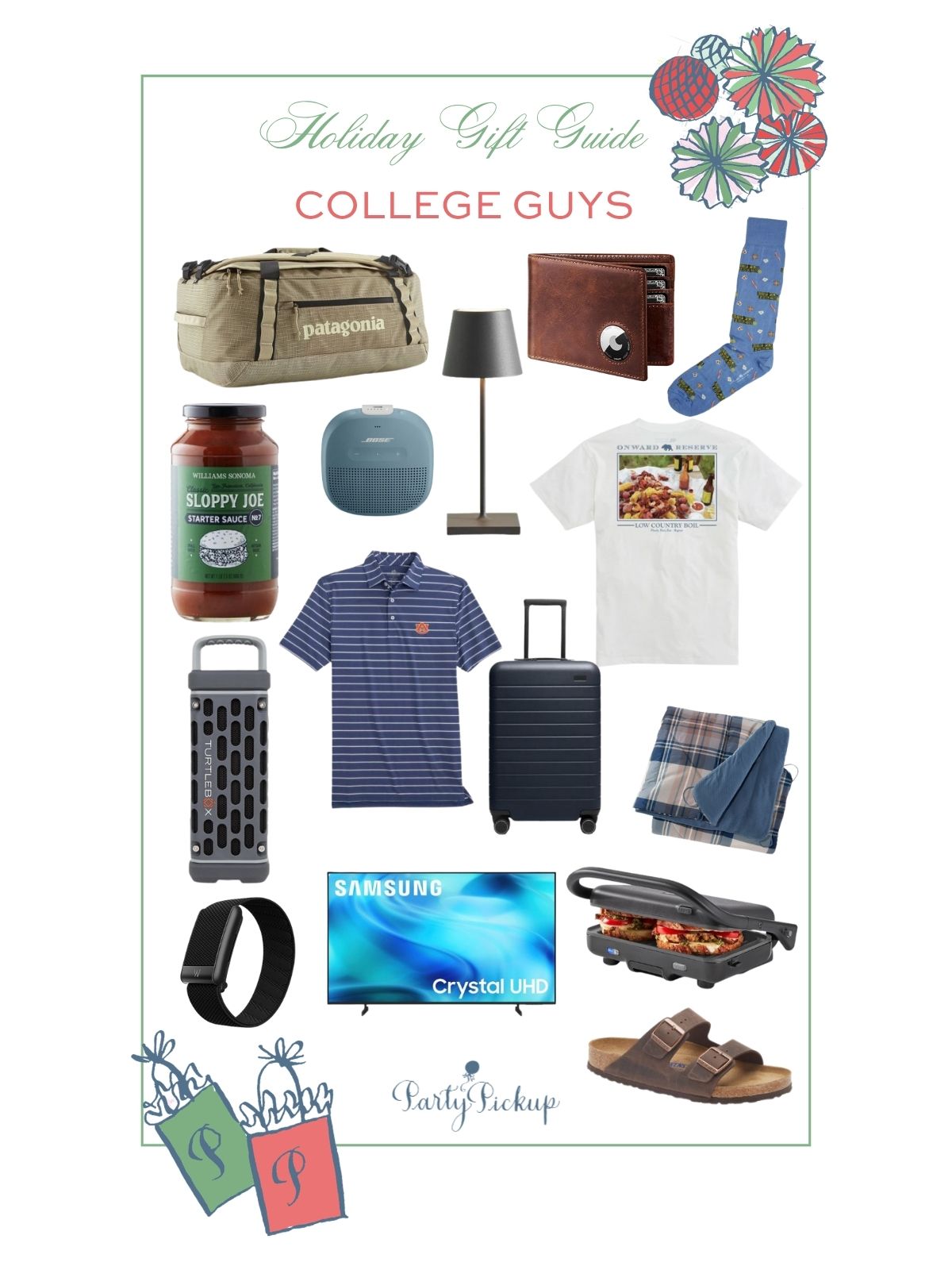 Holiday gift ideas for college guys featuring travel bags, an AirTag wallet, a WHOOP activity tracker, casual clothing, a Bluetooth speaker, dorm room essentials, and practical gifts for college students.