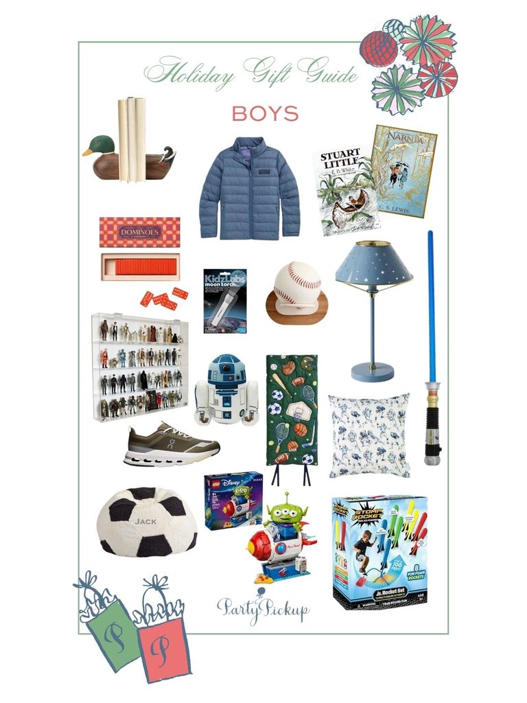 Christmas gift ideas for boys ages 5–10 featuring toys, sports gifts, books, shoes, and bedroom accessories.