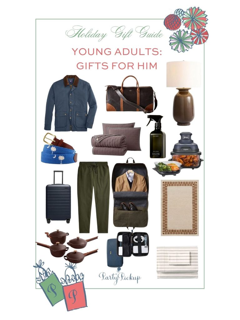 Holiday gift guide for young adult men featuring a leather weekender duffle bag, men's accessories, travel essentials, kitchen appliances, home decor, and clothing for recent college graduates.