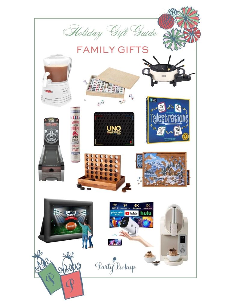 2026 family gift guide featuring board games, a mahjong set, fondue maker, hot chocolate maker, ice cream maker, and outdoor movie night essentials for the whole family.