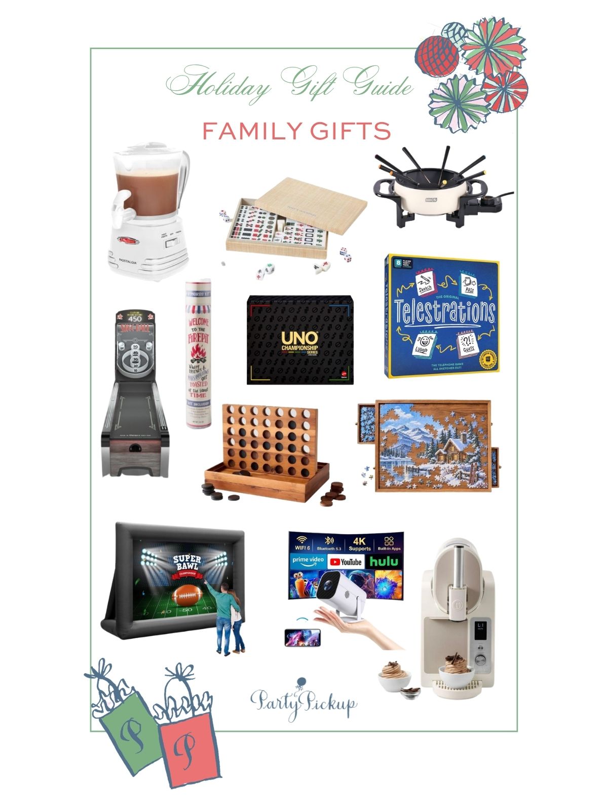 2026 family gift guide featuring board games, a mahjong set, fondue maker, hot chocolate maker, ice cream maker, and outdoor movie night essentials for the whole family.