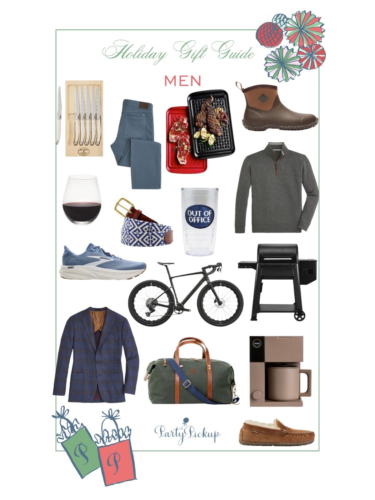 Holiday gift guide for men featuring stylish clothing, grilling accessories, a gravel bike, outdoor boots, travel bags, wine glasses, and coffee essentials.
