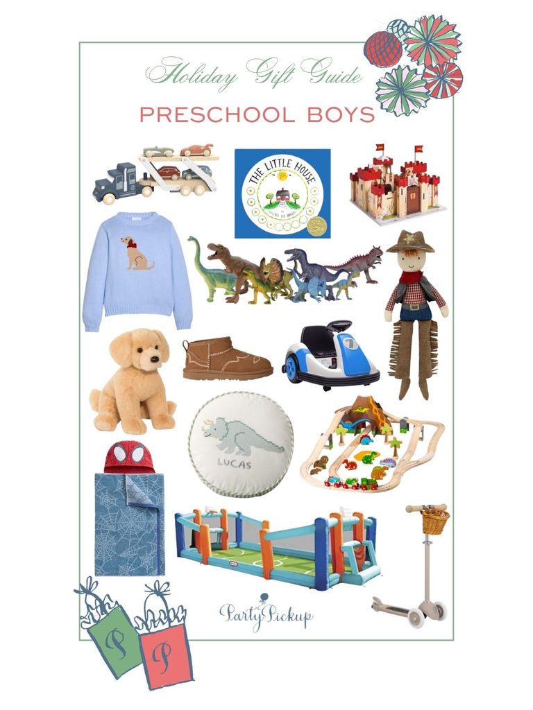 Classic Christmas gifts for boys ages 3–5, including timeless books, dinosaur toys, a wooden car transporter, cowboy doll, golden retriever plush, scooter, and imaginative playroom favorites.